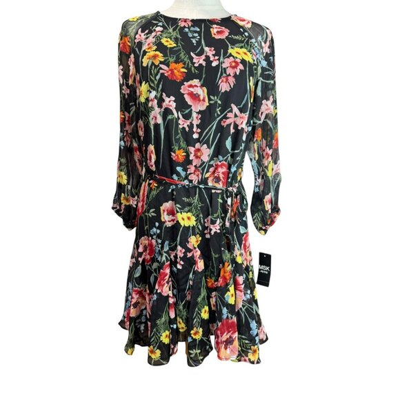 MSK Petite Medium Black Floral Chiffon Dress NWT Long Sleeve Ruffle Hem - Picture 1 of 8
